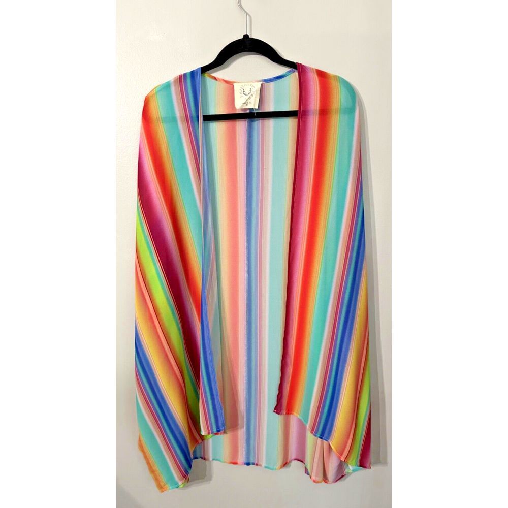 Fantastic Fawn Women's Medium Cardigan Kimono Multi‎ color Rainbow Striped Boho
